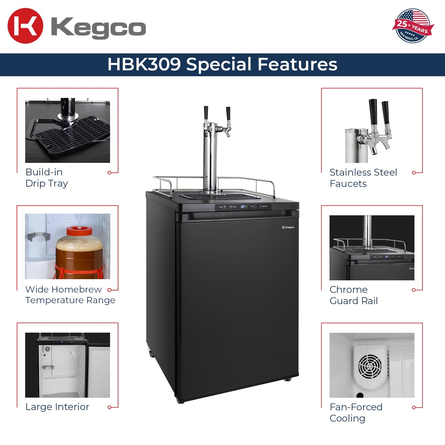 Dual Two Keg Faucet Digital Homebrew Kegerator - Black Matte Cabinet and Door