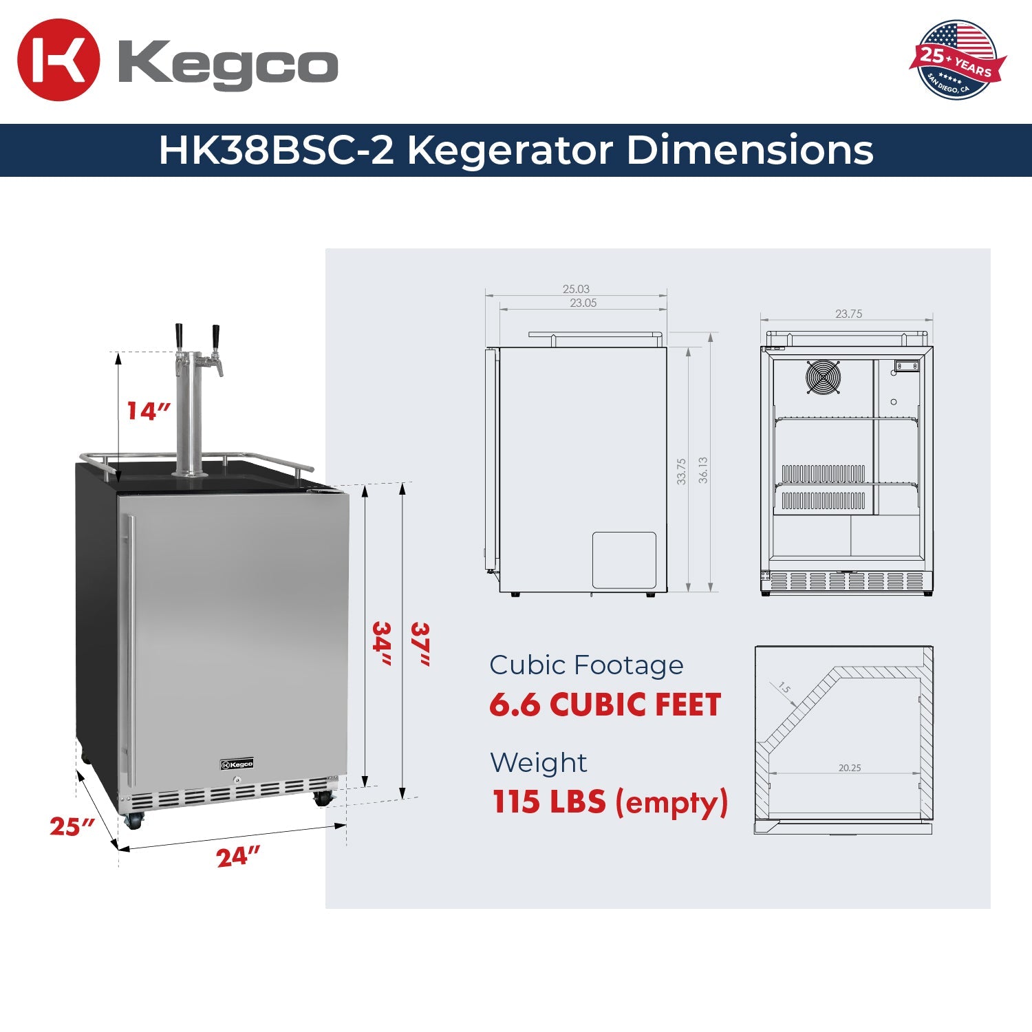 24" Wide Dual Tap Stainless Steel Commercial Right Hinge BuiltIn Kegerator with Kit