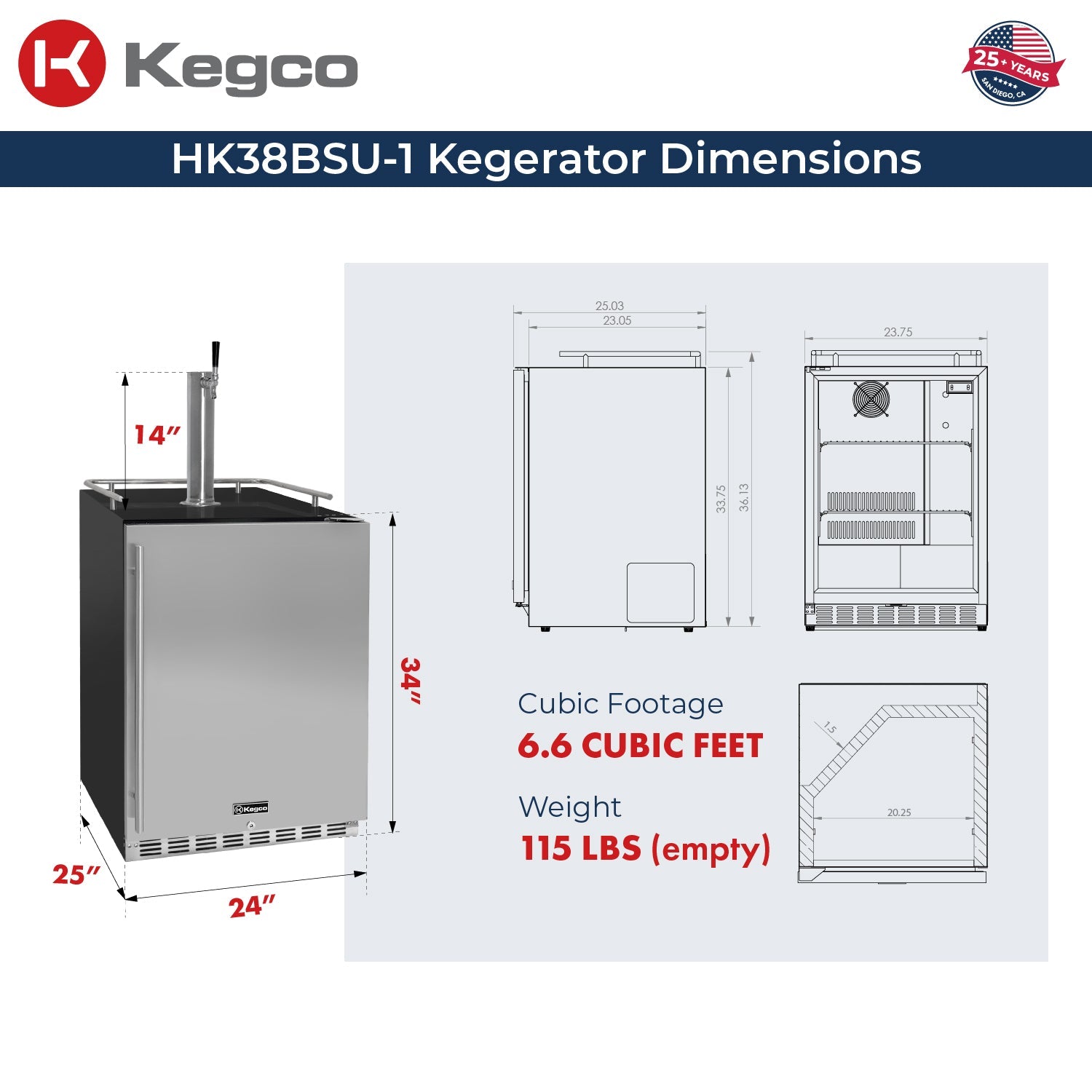 24" Wide Single Tap Stainless Steel Built-In Right Hinge Kegerator with Kit