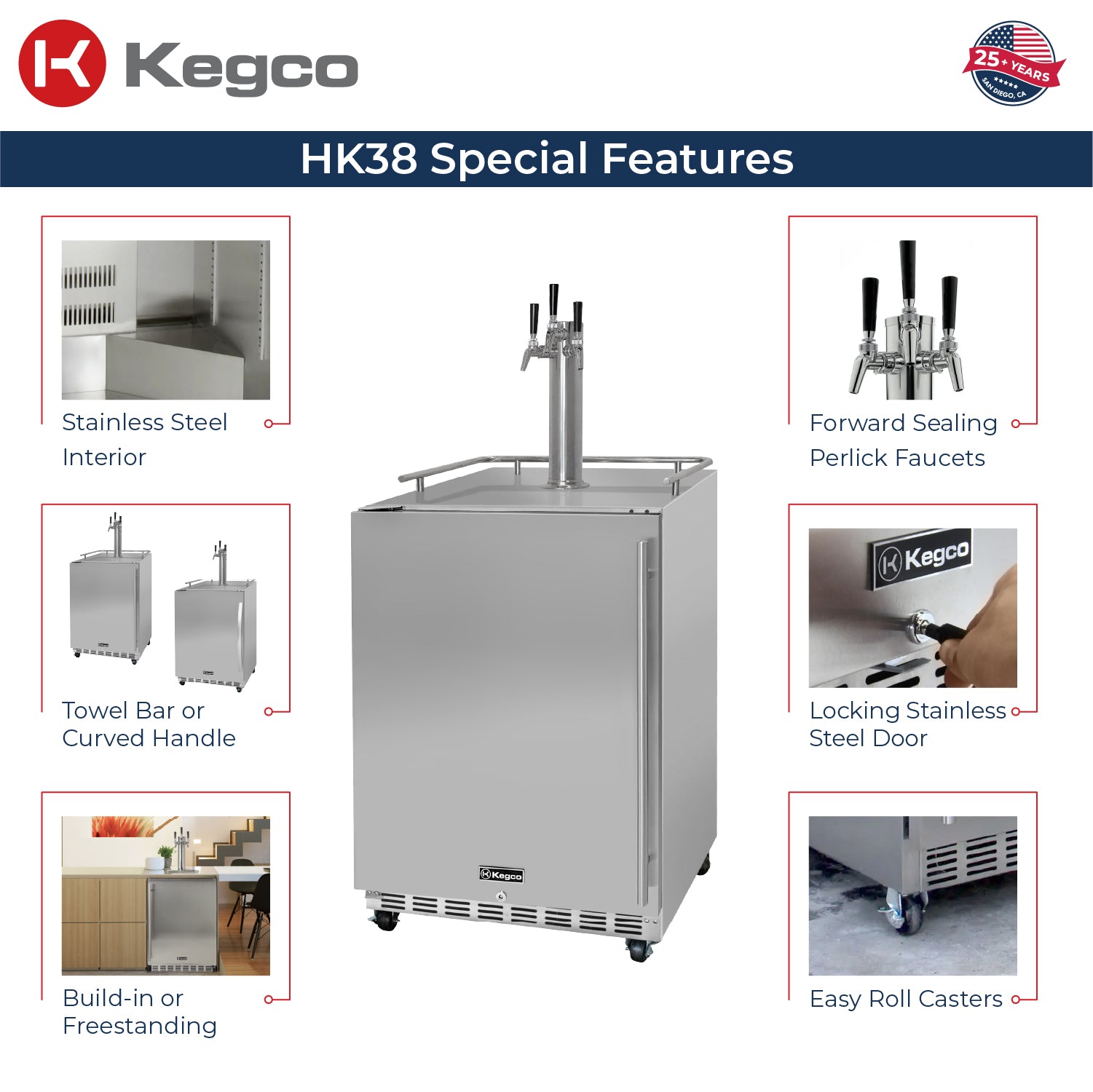 Three Faucet Digital Commercial Outdoor Left Hinge Kegerator with X-CLUSIVE Premium Direct Draw Kit