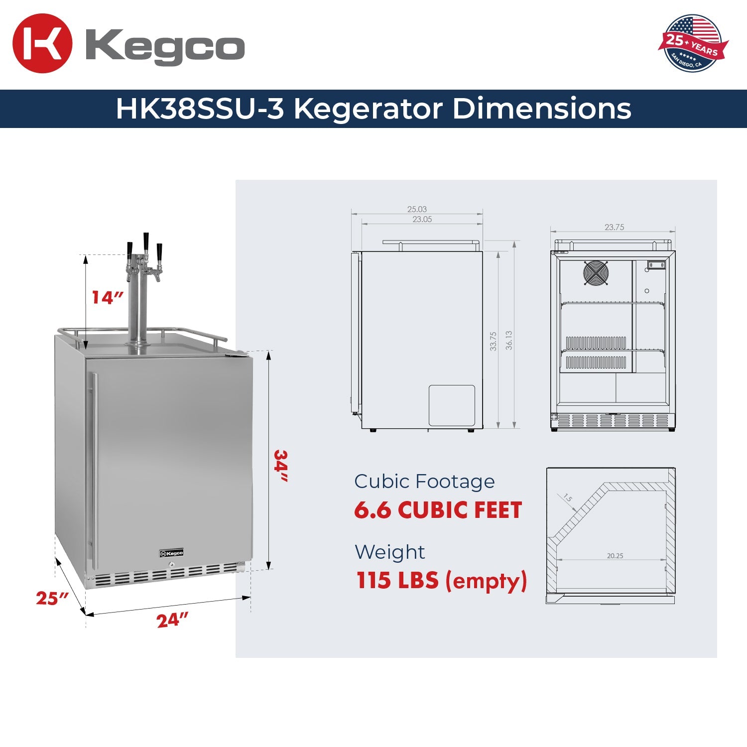 24" Wide Triple Tap All Stainless Steel Outdoor Built-In Right Hinge Kegerator with Kit