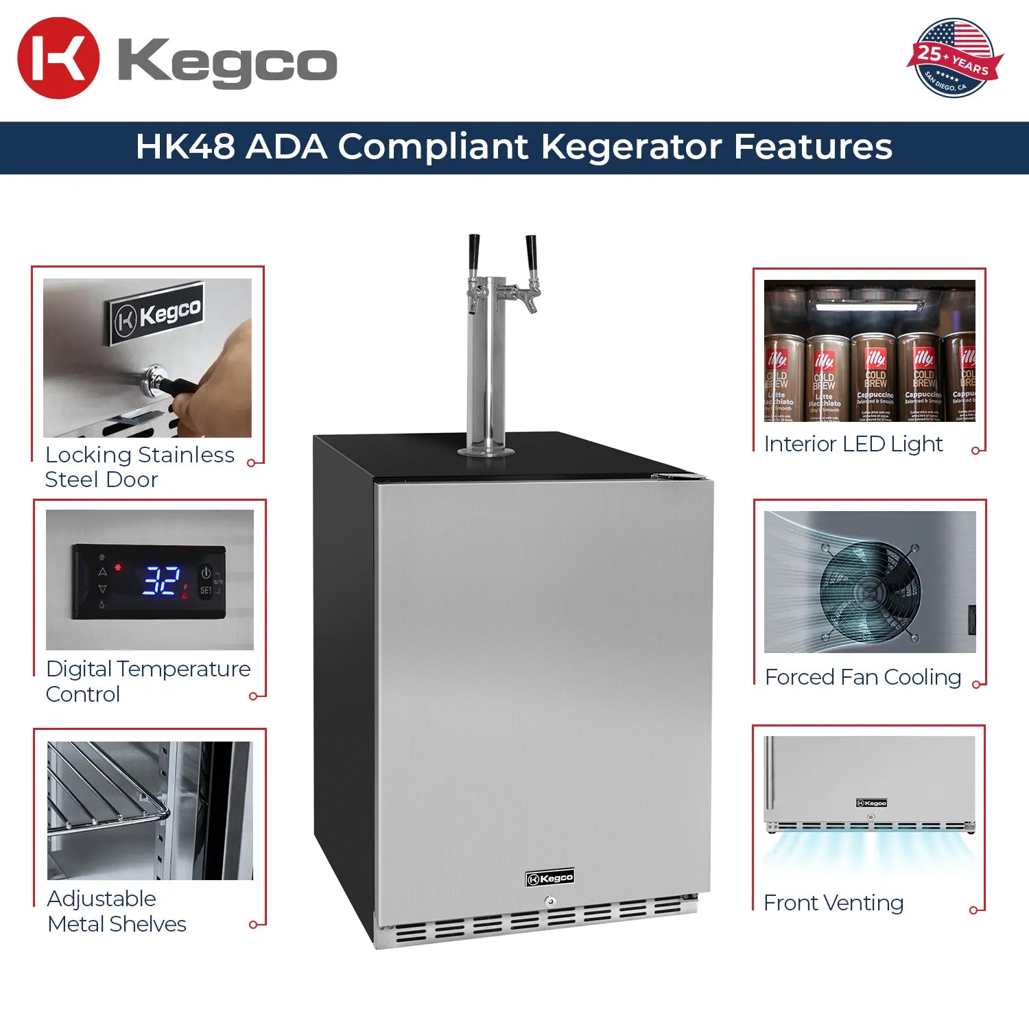 24" Wide Cold Brew Coffee Dual Tap Stainless Steel Built-In Right Hinge ADA Kegerator with Kit