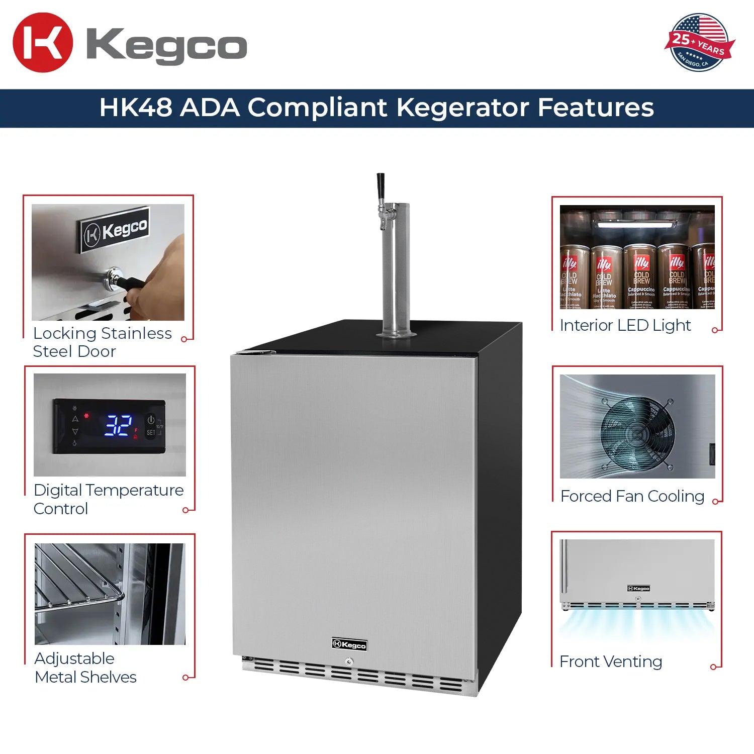 24" Wide Cold Brew Coffee Single Tap Stainless Steel Built-In Left Hinge ADA Kegerator with Kit