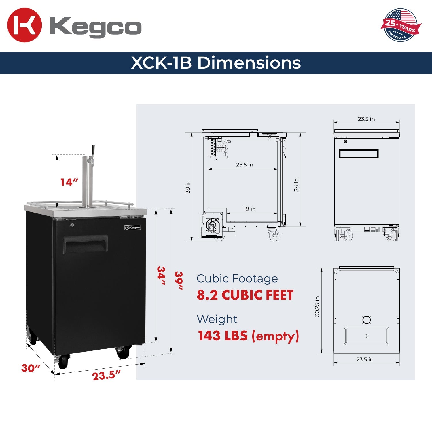 24" Wide Single Tap Commercial Black Kegerator - No Dispense Kit